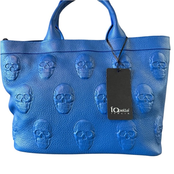 NWT IO PELLEBlue Skull Embossed Leather Satchel Medium Crossbody Handbag HTF